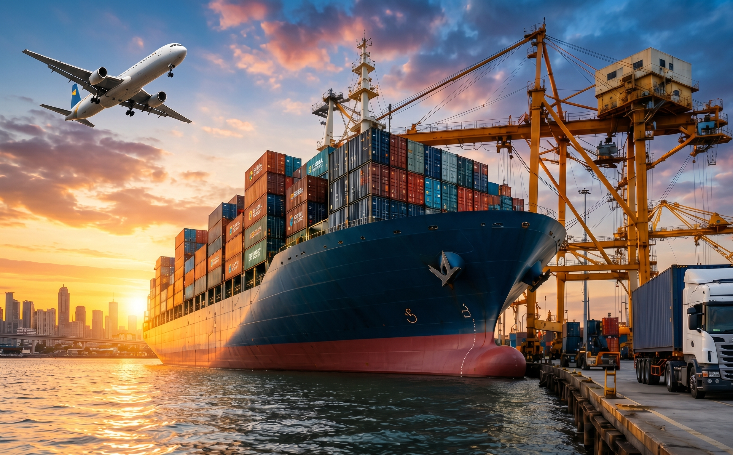 Cargo ship at port during golden sunset — Kingdom Group Intertrade